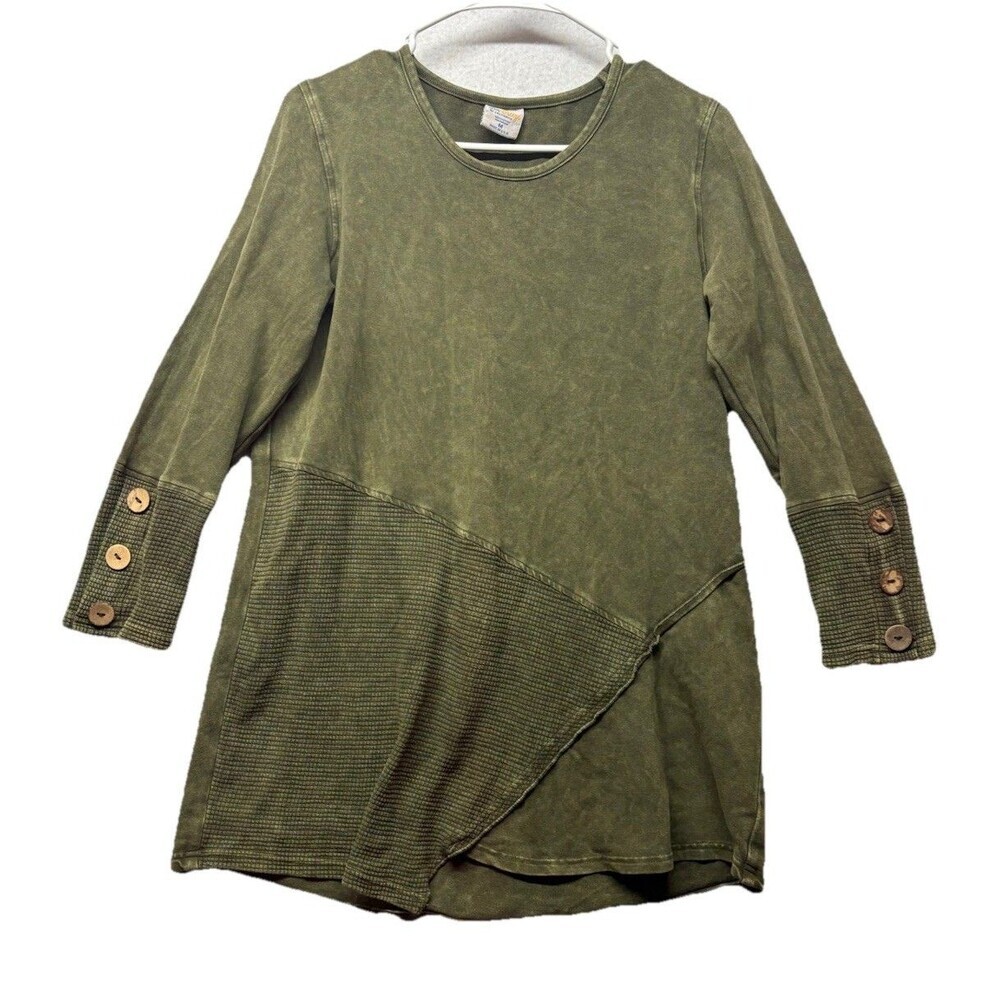 Sea Breeze Of California Womens M Shirt 100% Cotton Green Tunic Lagenlook Boho